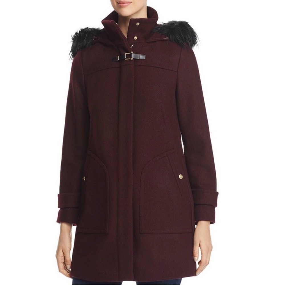Cole Haan Wool Blend Coat with Faux Fur Hood Toggle Size 6